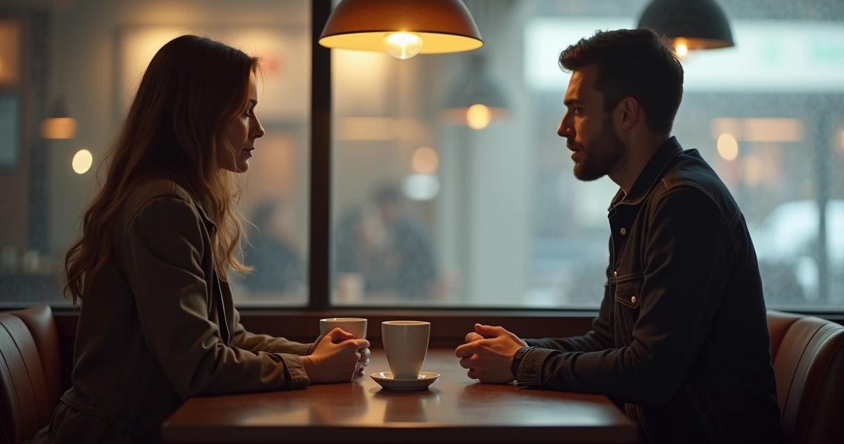 Duas pessoas sentadas em uma cafeteria olhando para baixo, sem se encarar, com expressões reservadas. 