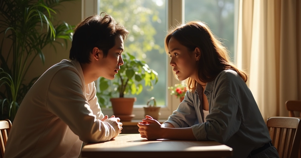 Duas pessoas conversando sentadas, uma ouvindo com atenção e a outra demonstrando emoção 