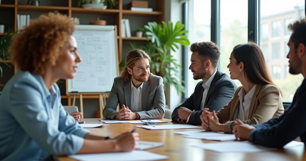 Grupo em reunião com uma pessoa em destaque percebendo microagressão sutil 