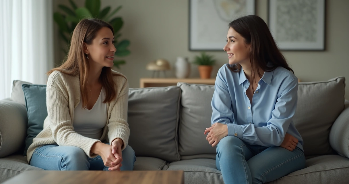 Duas pessoas em conversa tensa em uma sala clara 