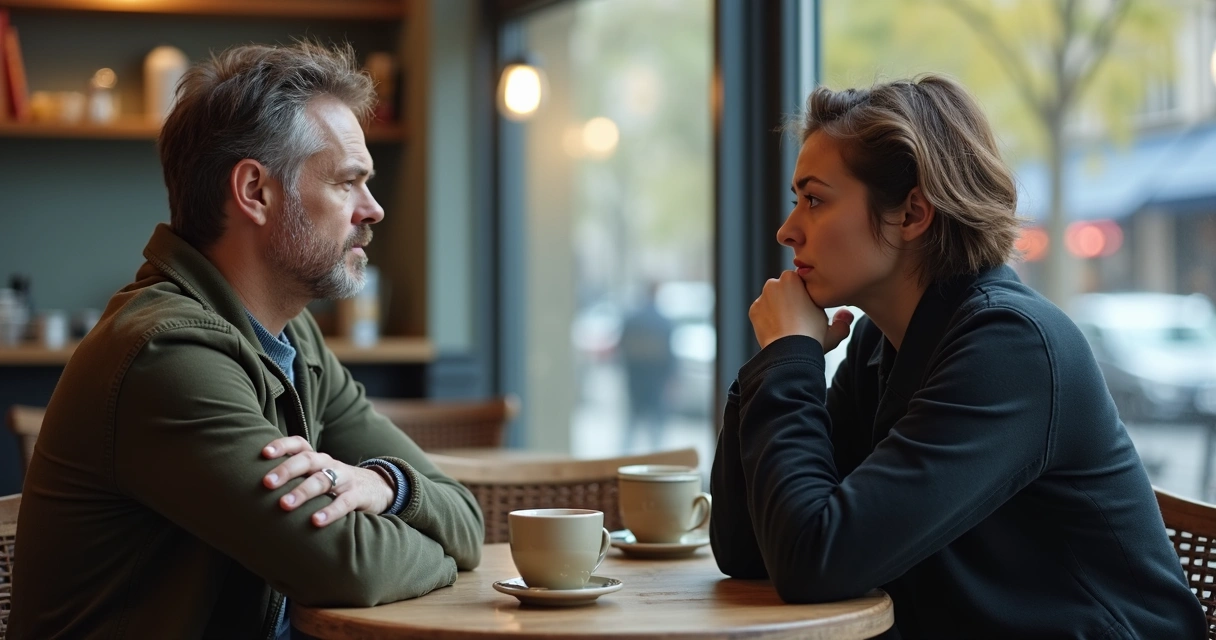 Dois amigos em conversa tensa em um café