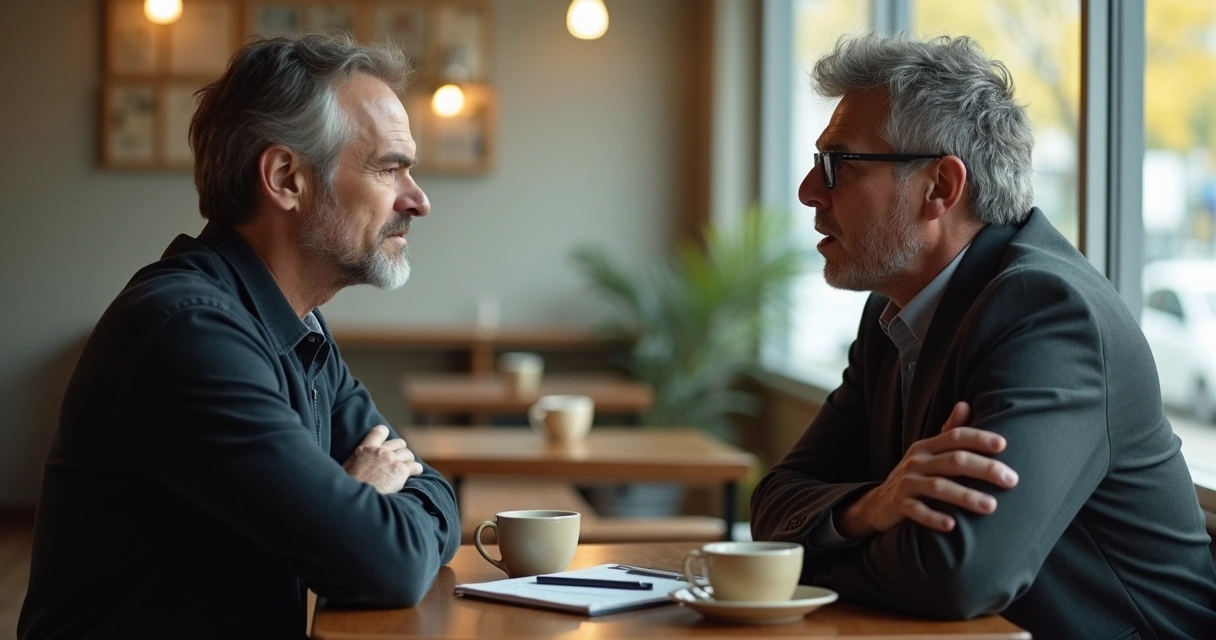 Duas pessoas em conversa tensa à mesa de café 