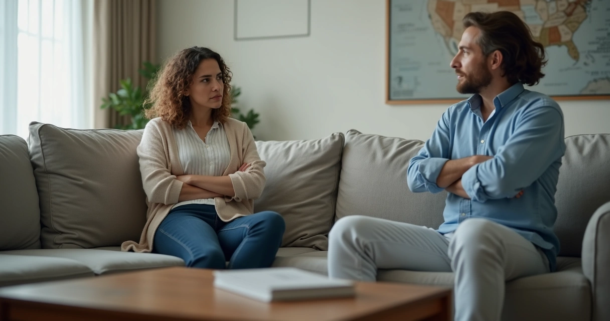 Casal em conversa tensa no sofá 