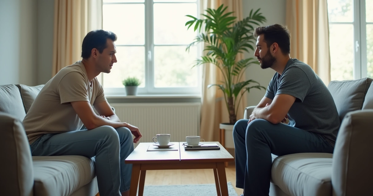 Casal em conversa tensa sentado no sofá