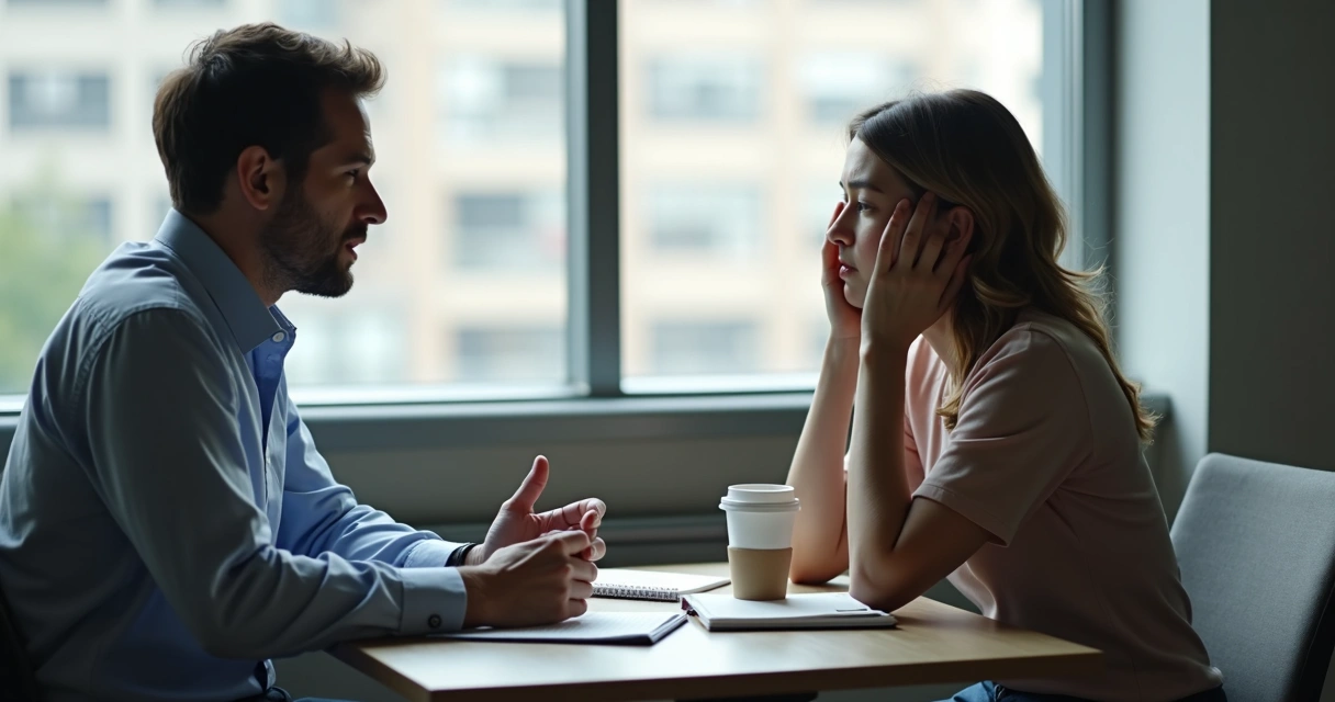 Duas pessoas em conversa tensa no escritório