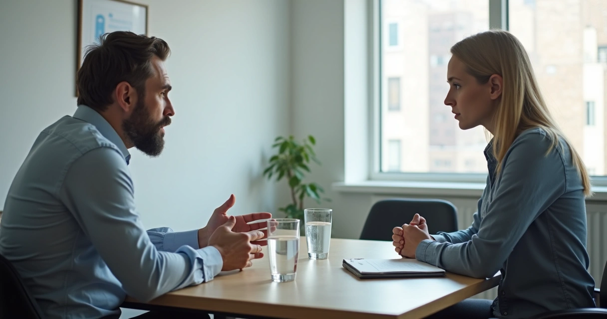 Duas pessoas em conversa tensa numa mesa de reunião