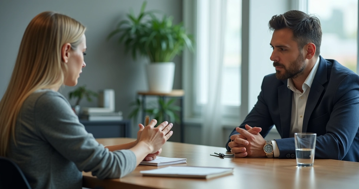 Duas pessoas em conversa séria numa sala de reunião 