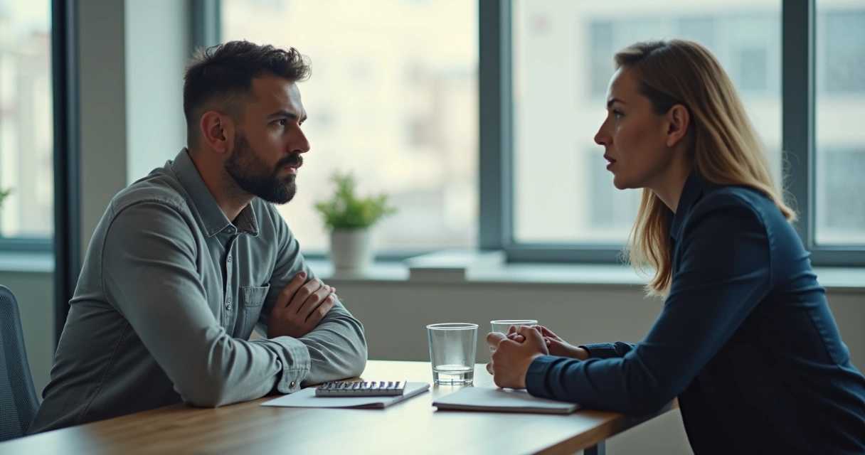 Duas pessoas em conversa tensa em uma mesa de reunião