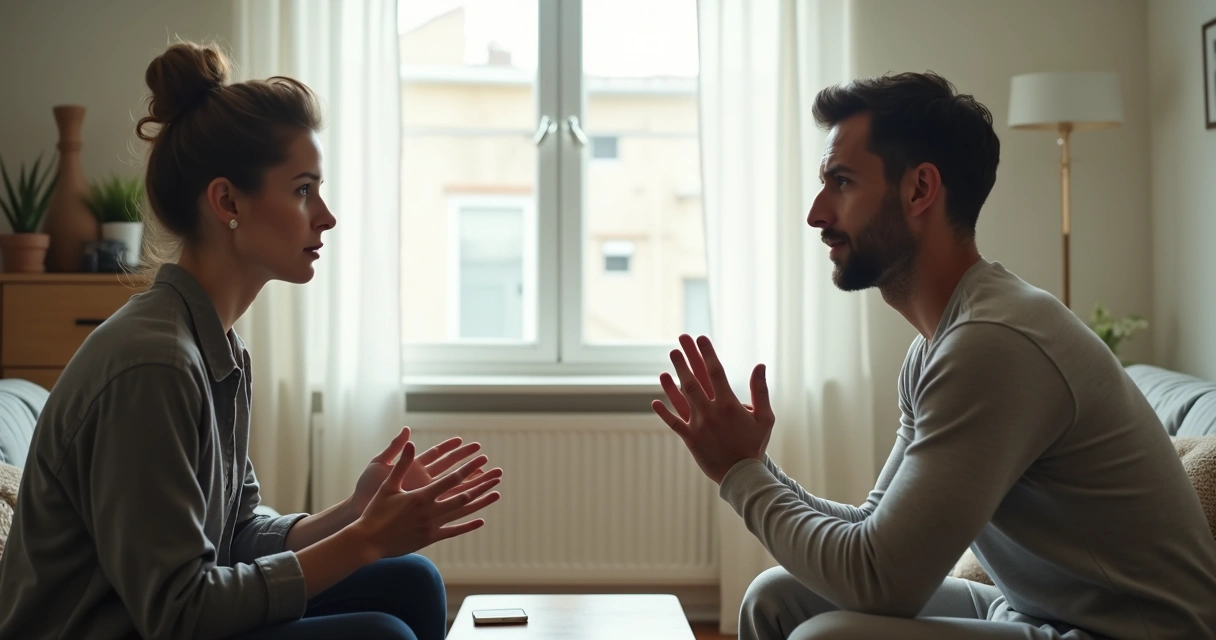 Duas pessoas em conversa tensa numa sala clara