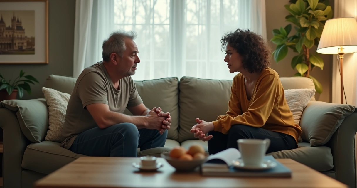 Duas pessoas sentadas em sofá durante conversa emocional tensa
