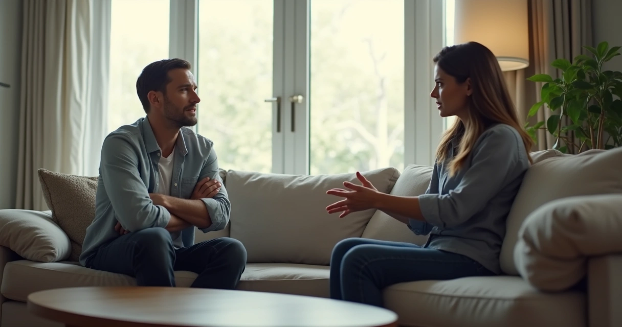 Duas pessoas sentadas em sofá durante conversa tensa 