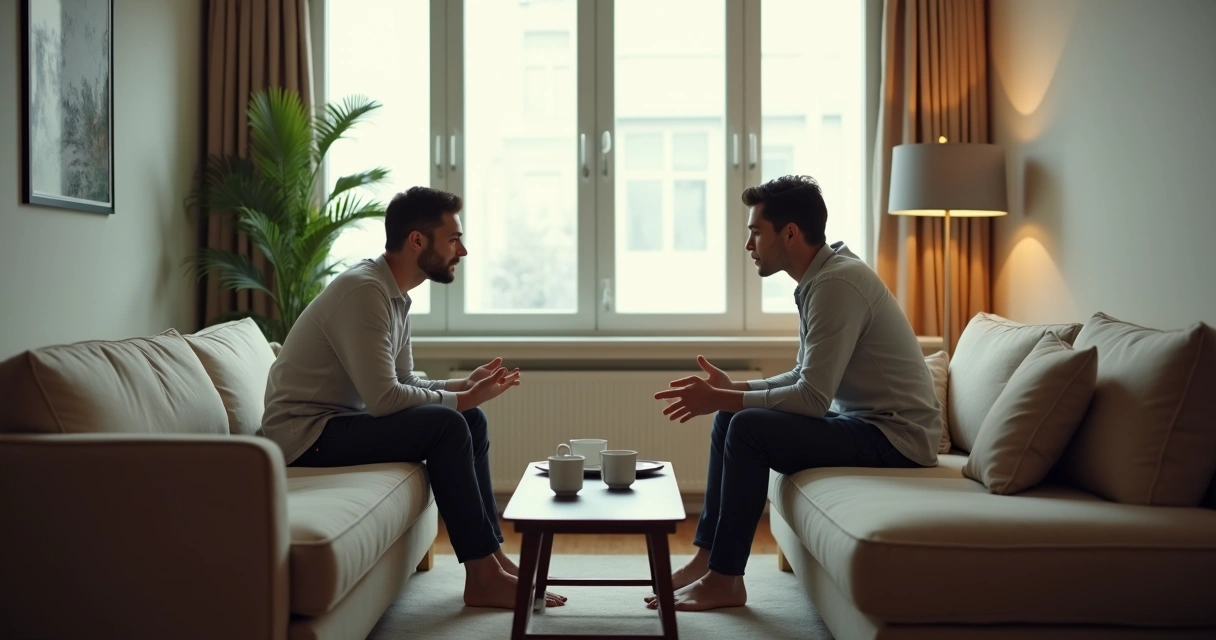 Duas pessoas sentadas em sofá durante conversa tensa 