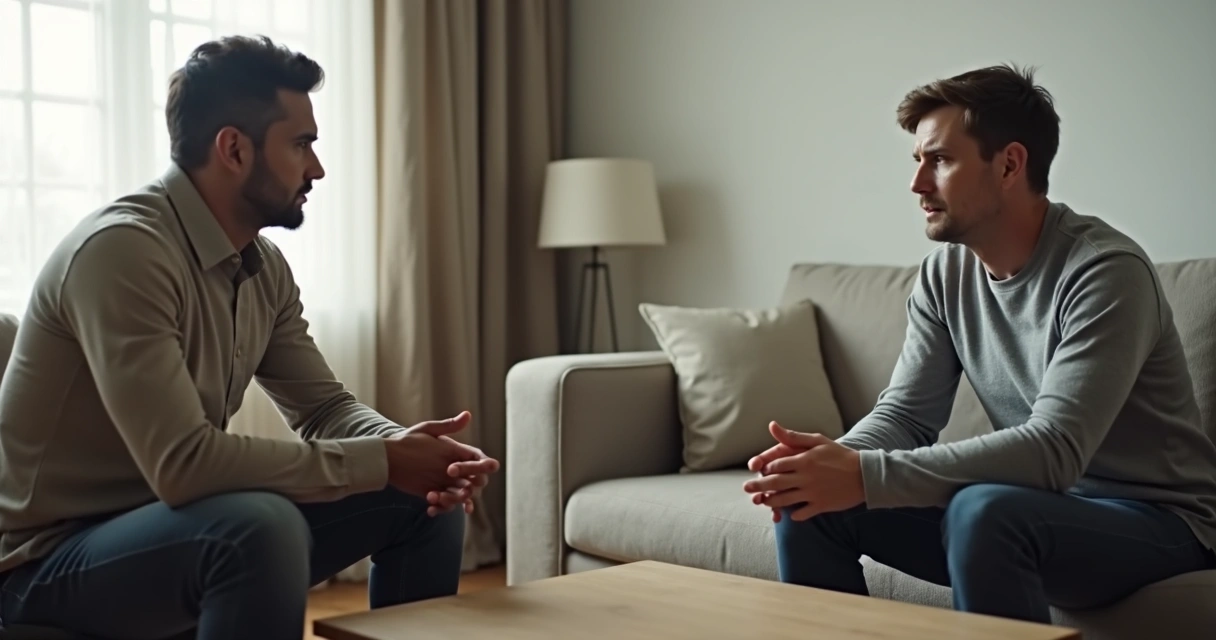 Duas pessoas em conversa tensa numa sala clara
