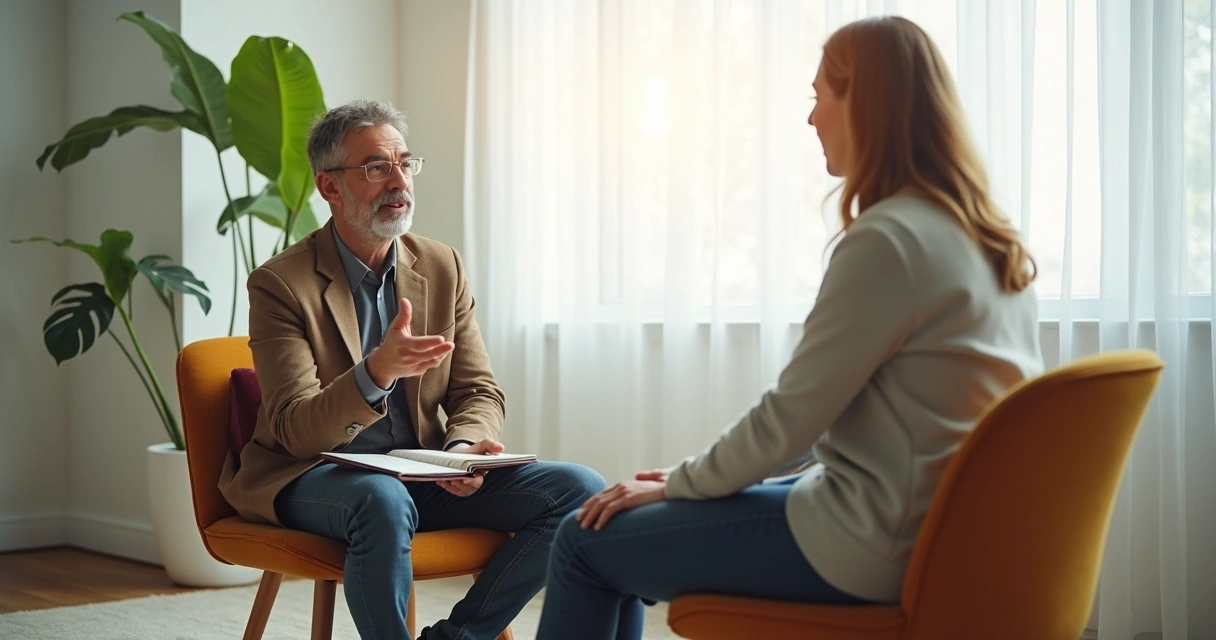 Duas pessoas em conversa terapêutica em consultório claro 