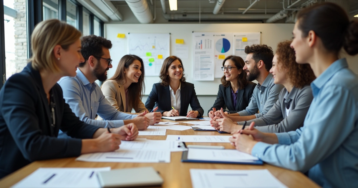 Colegas de trabalho reunidos em mesa redonda discutindo ideias em ambiente de escritório moderno 