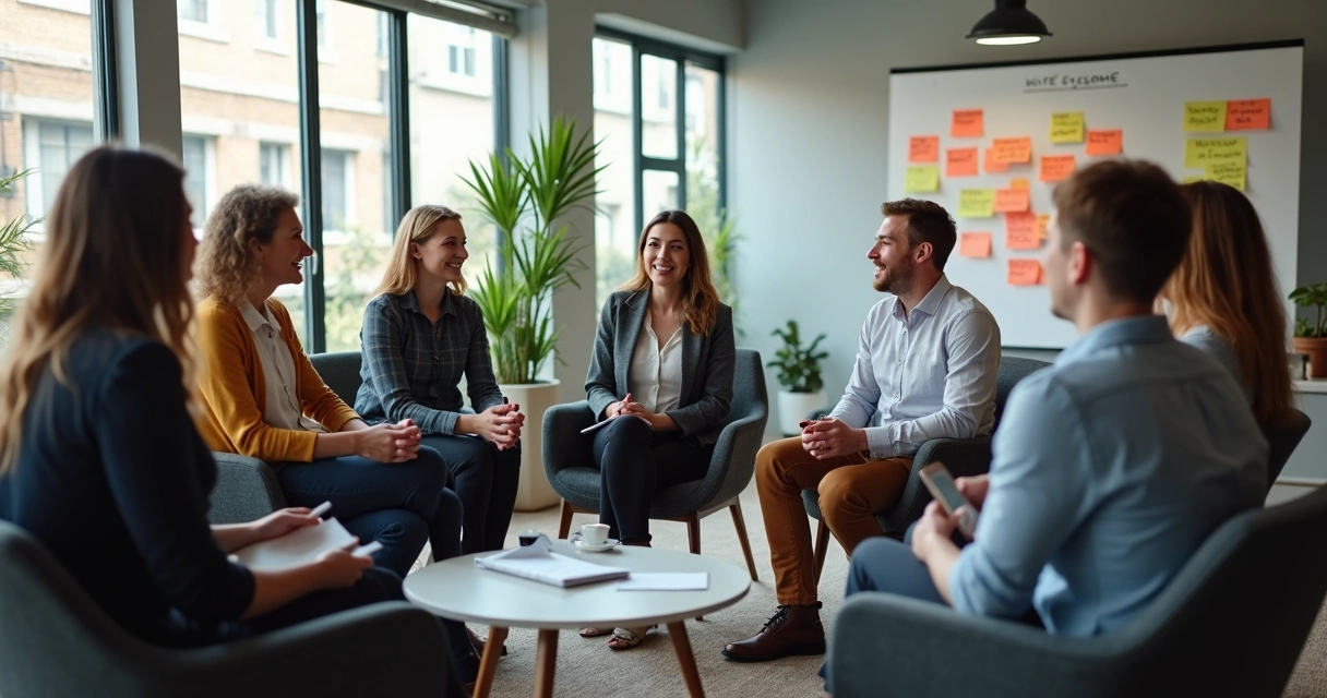 Equipe sentada em círculo discutindo valores em ambiente de escritório