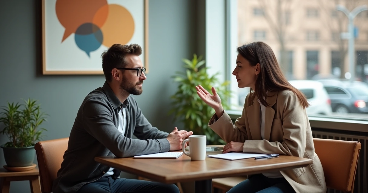 Duas pessoas conversando em mesa de café enquanto trocam opiniões com calma 