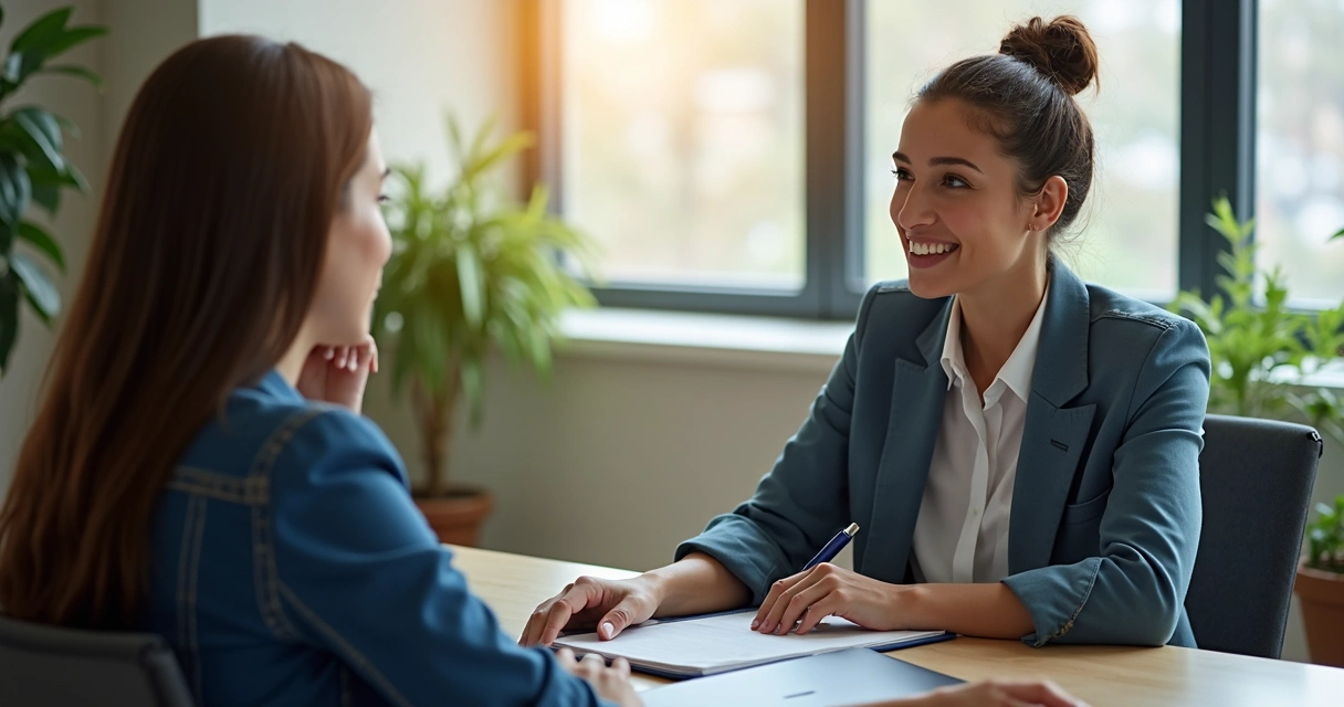Duas pessoas conversando em escritório sobre mudança de carreira