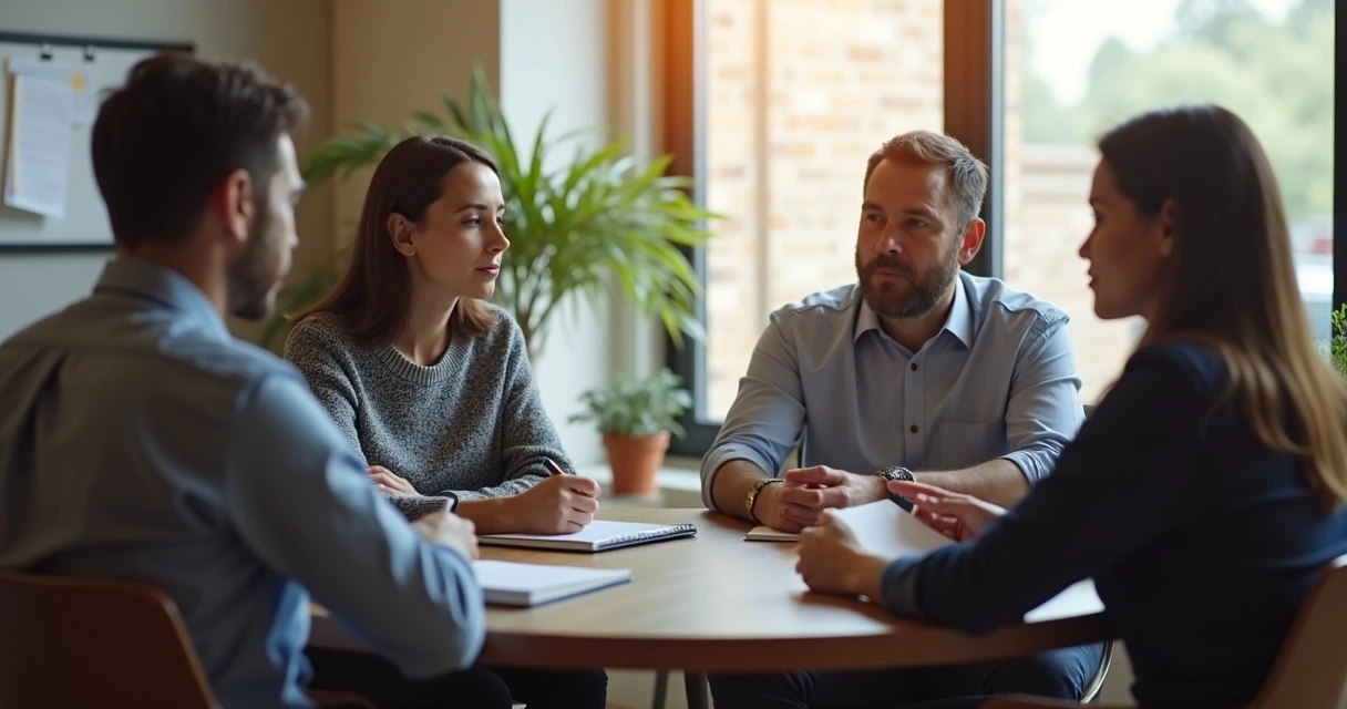 Liderança e equipe em conversa aberta em sala de trabalho