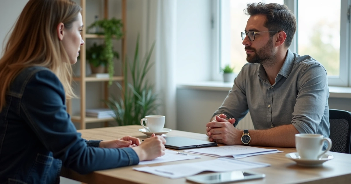Duas pessoas conversando com transparência em mesa de trabalho