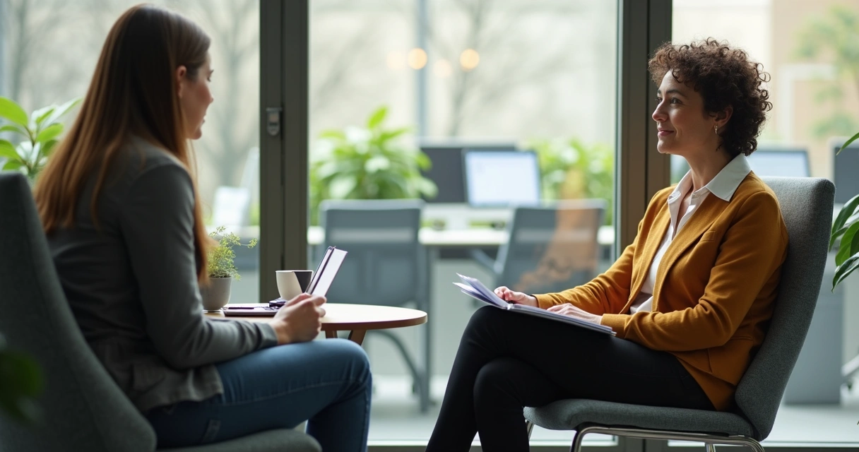 Dois colegas em conversa transparente no escritório