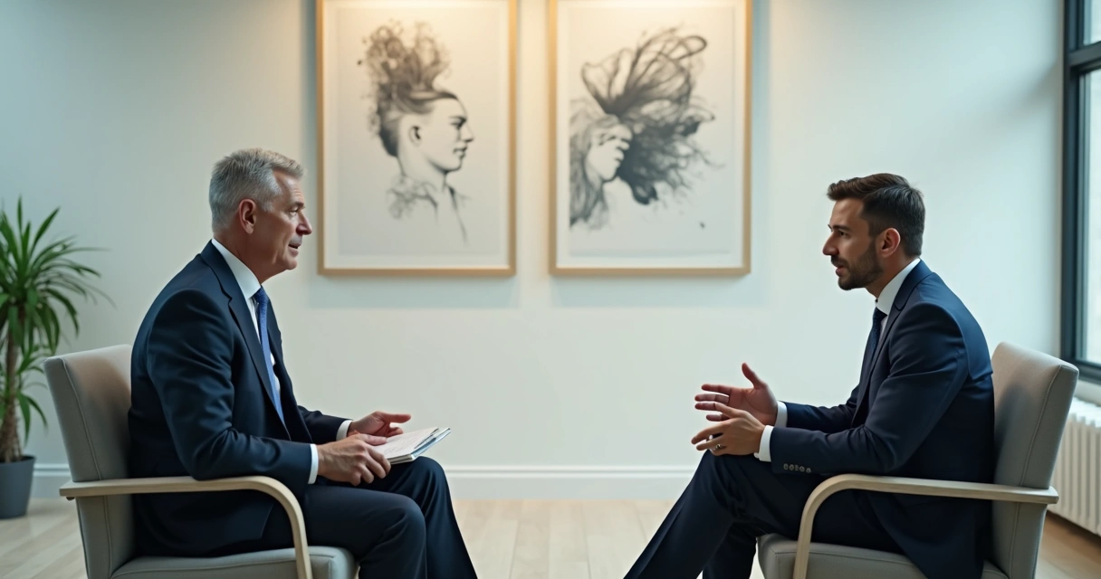 Dois líderes sentados em uma sala de reuniões, conversando de forma séria, com quadros abstratos ao fundo. 