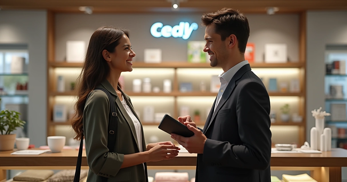 Vendedor e cliente conversam em loja, prateleiras ao fundo 