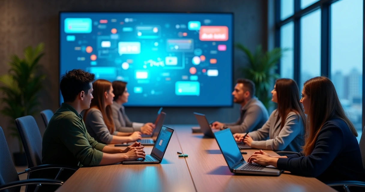 Equipe discutindo triggers de conversa em uma tela com gráficos