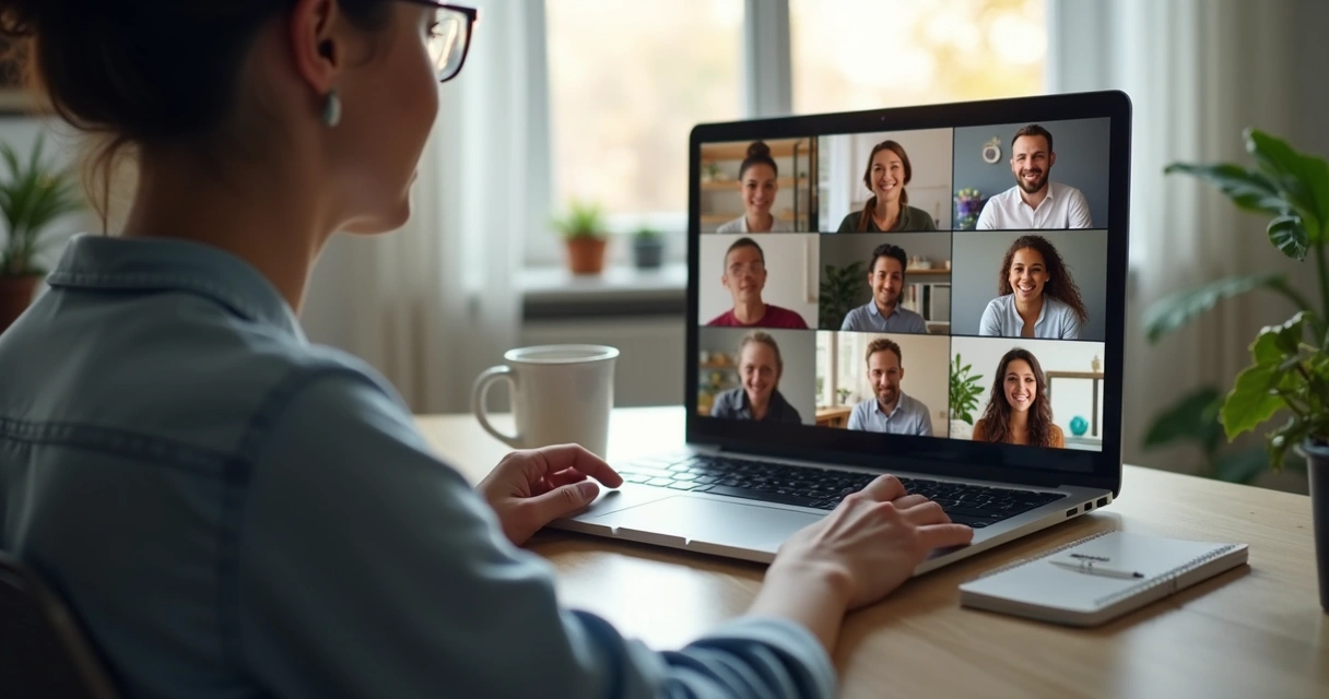 Pessoa em videochamada com expressão atenta e ambiente de trabalho em casa 