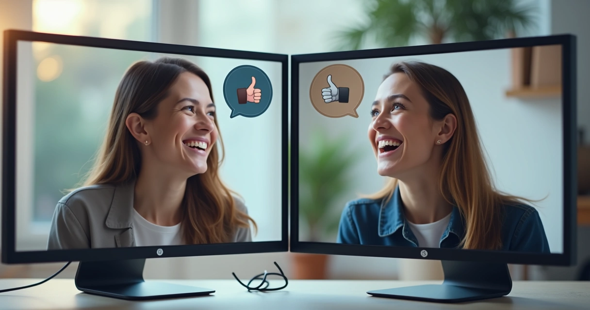 Duas pessoas conversando virtualmente com sorrisos, mostrando empatia 