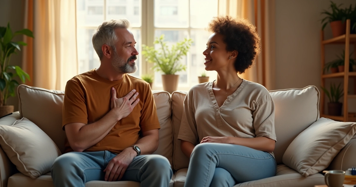 Duas pessoas conversando com vulnerabilidade autêntica em um sofá 