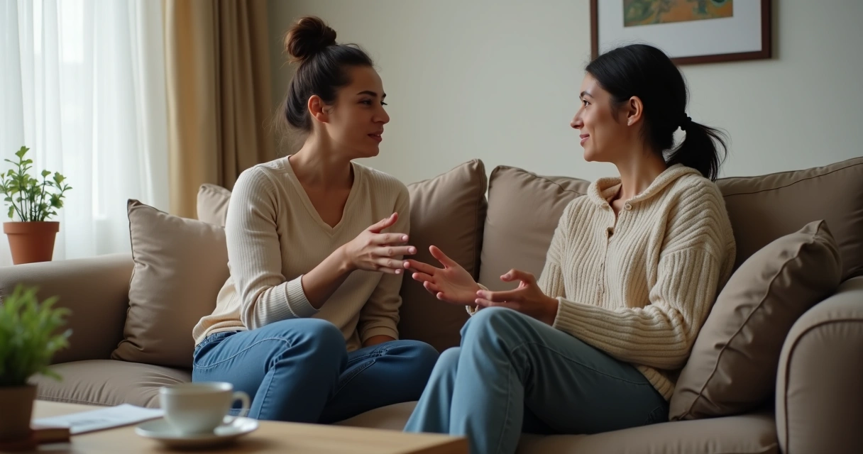 Dois amigos conversando com vulnerabilidade sentados em um sofá 