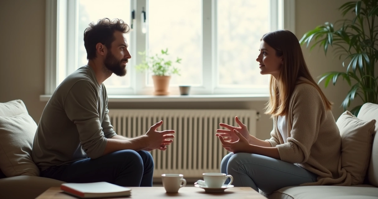 Duas pessoas conversando com expressão atenta em ambiente acolhedor 