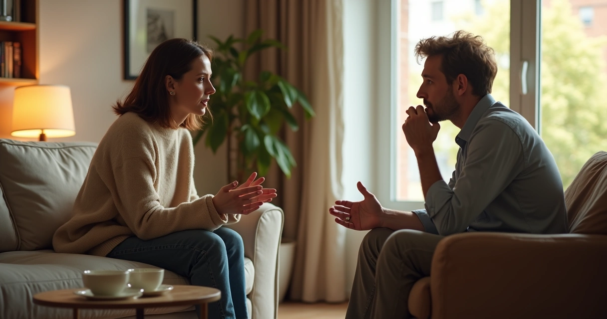 Duas pessoas sentadas frente a frente em conversa íntima e vulnerável 