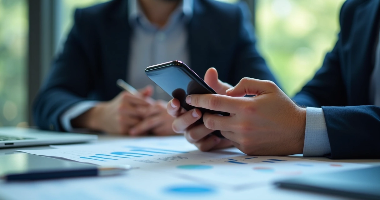 Message exchange between two professionals on a smartphone with graphs in the background. 