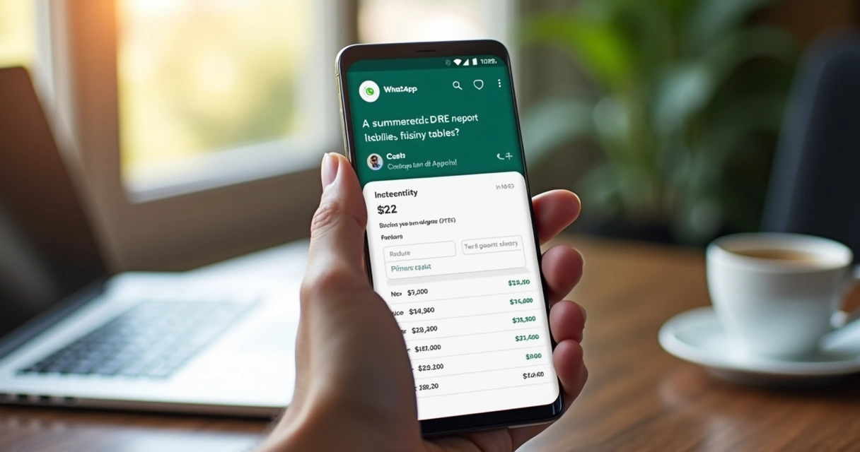 Conversa no WhatsApp mostrando relatório DRE resumido