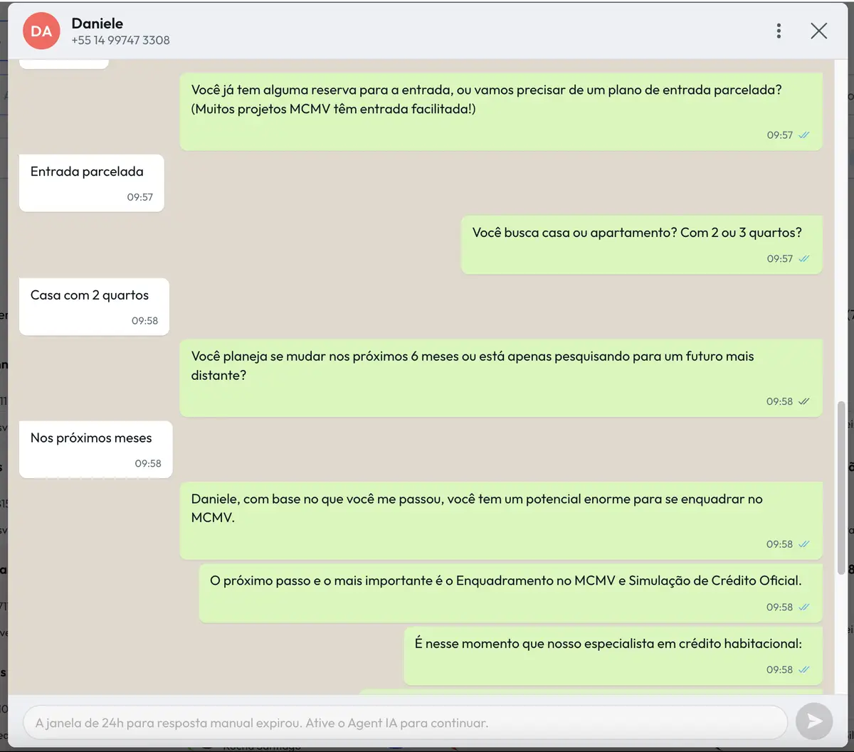 Conversa de WhatsApp sobre financiamento imobiliário e enquadramento no MCMV