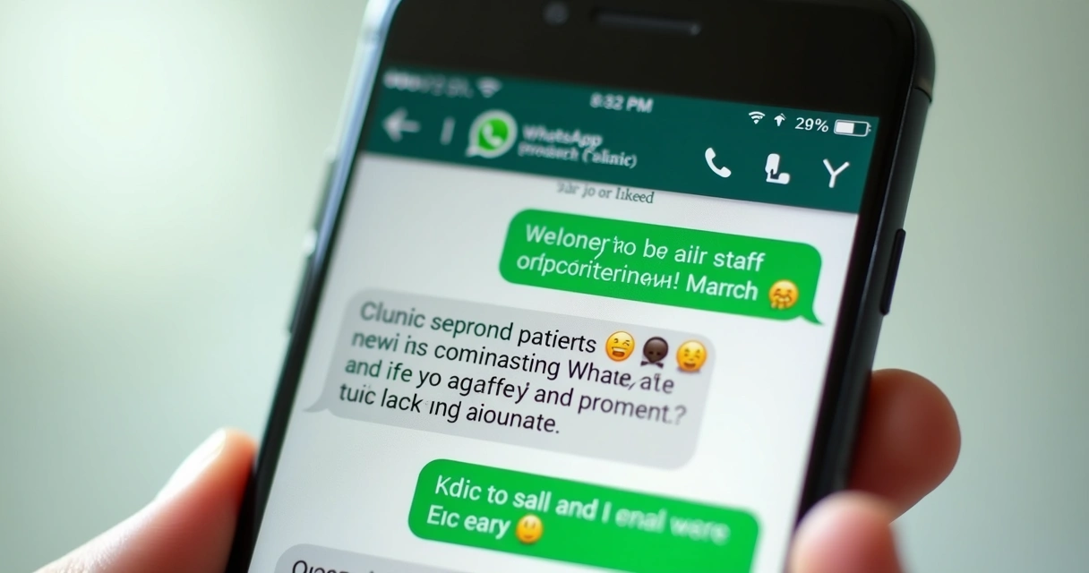 Tela de conversa de WhatsApp entre paciente e clínica com mensagens amigáveis 