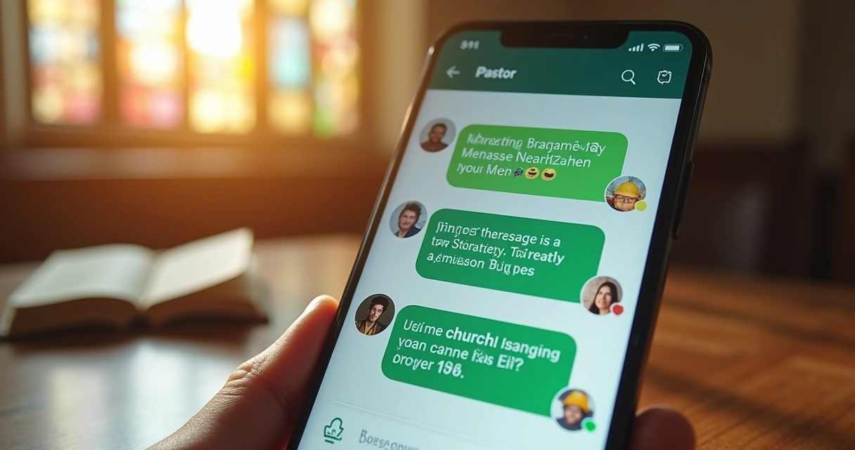Tela de WhatsApp mostrando conversa amistosa entre pastor e fiel, fundo claro, emojis de oração 