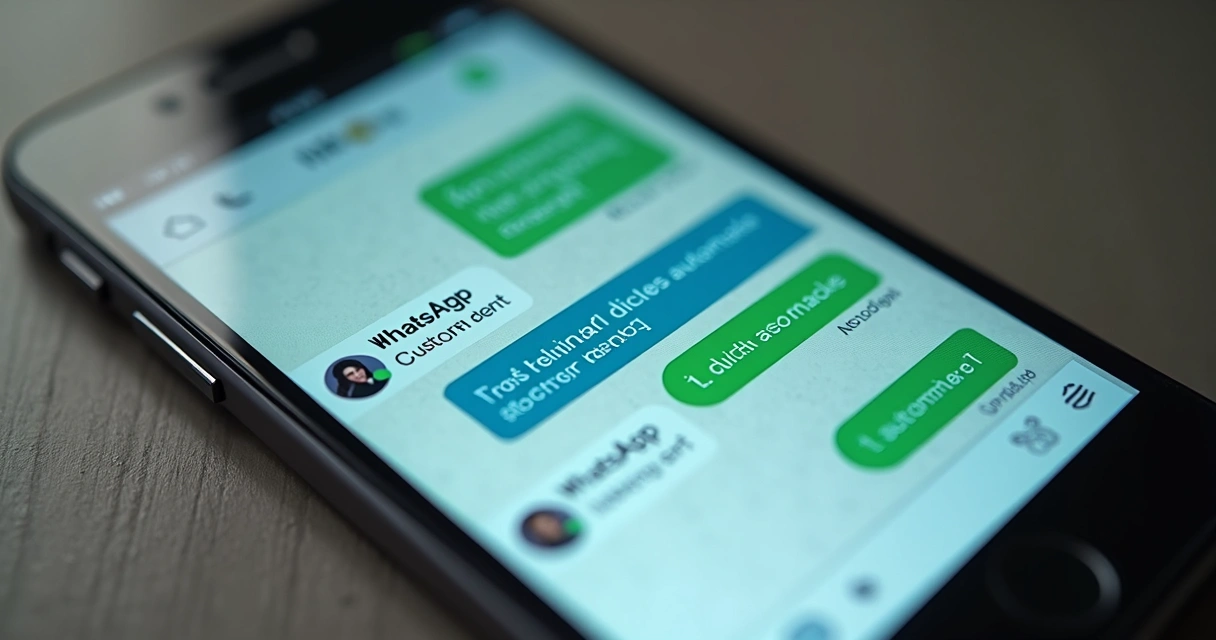 Simulação de conversa no WhatsApp com respostas rápidas automáticas e mensagens de clientes.