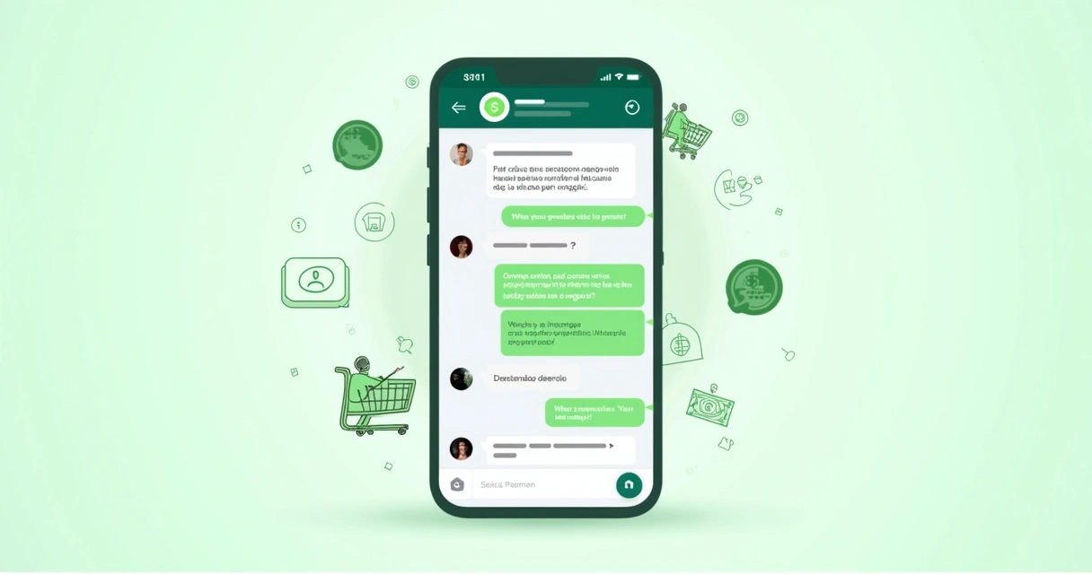 Conversação animada de um cliente comprando via WhatsApp em um smartphone. 