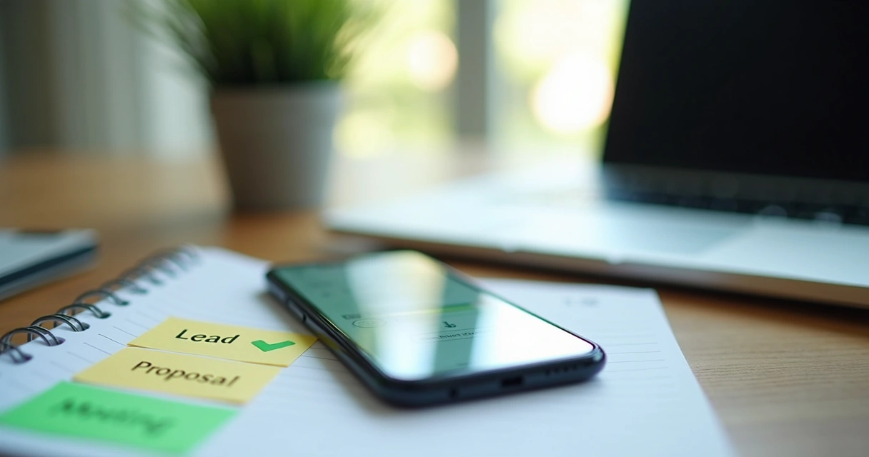 WhatsApp conversation screen with follow-up notes and sales funnel