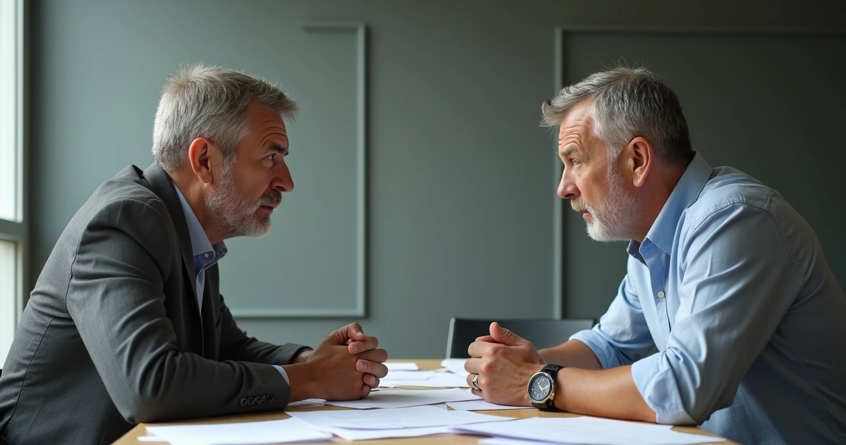 Duas pessoas sentadas em uma mesa discutindo, com expressões sérias, papéis espalhados e um ambiente de escritório ao fundo 