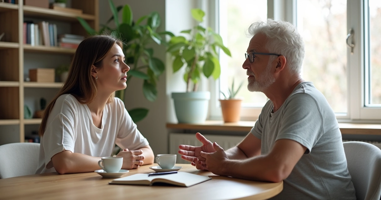 Duas pessoas conversando com calma em uma mesa, em postura de escuta atenta e respeito mútuo 