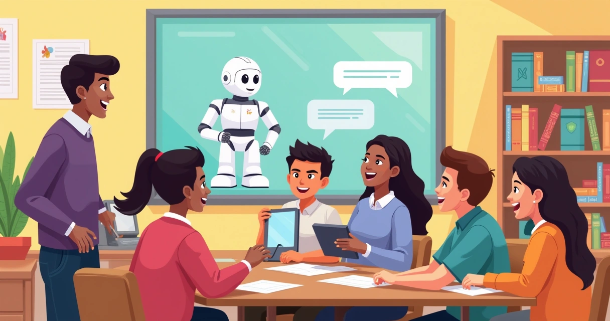 Alunos praticando conversação de inglês com inteligência artificial em sala de aula 