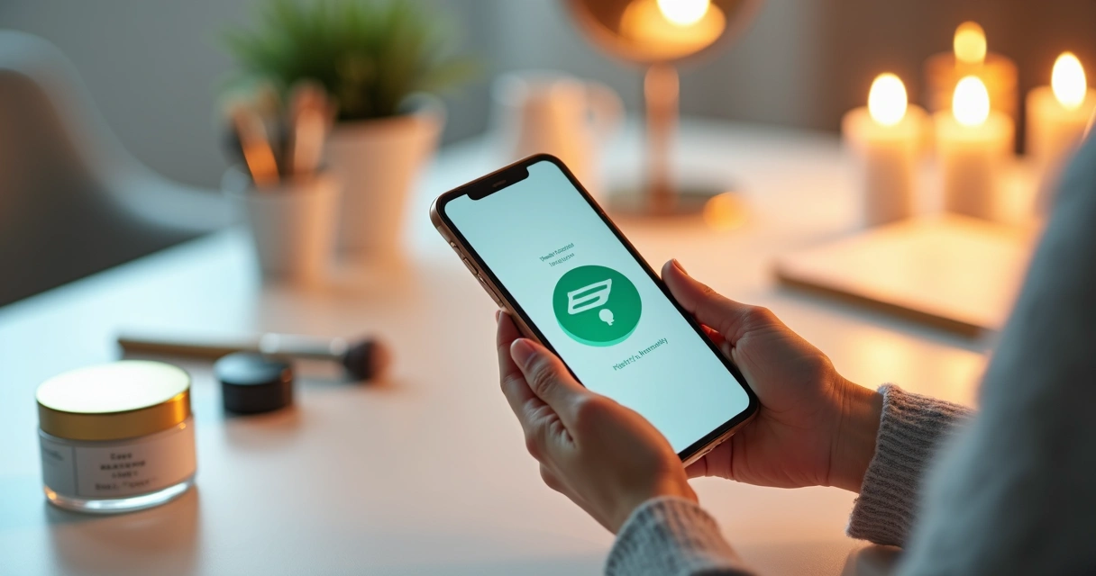 Mãos segurando smartphone com conversa no WhatsApp para agendamento em clínica de estética, mesa com produtos de beleza e fundo claro 