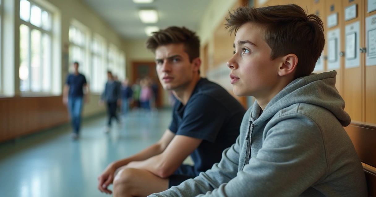 Dos adolescentes conversando en un banco escolar con gesto de apoyo