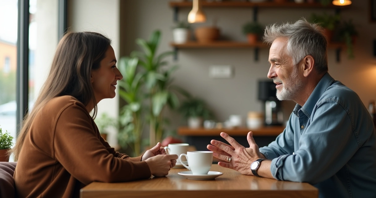 Dos personas conversando con calma en una cafetería 