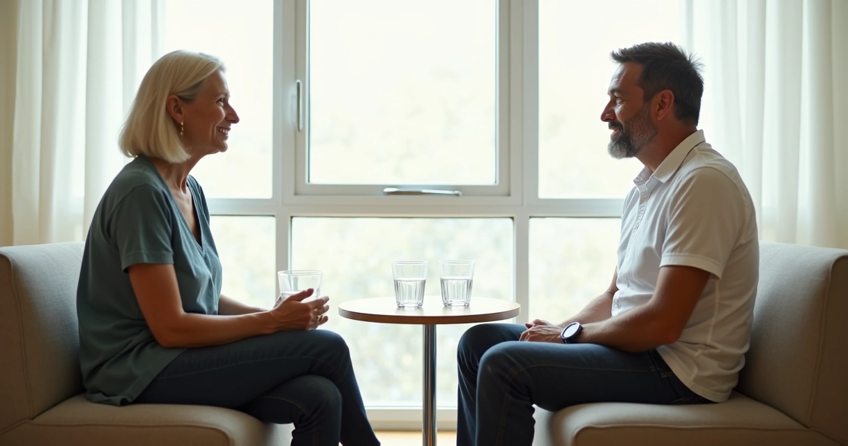 Dos personas conversando en un espacio tranquilo y luminoso 