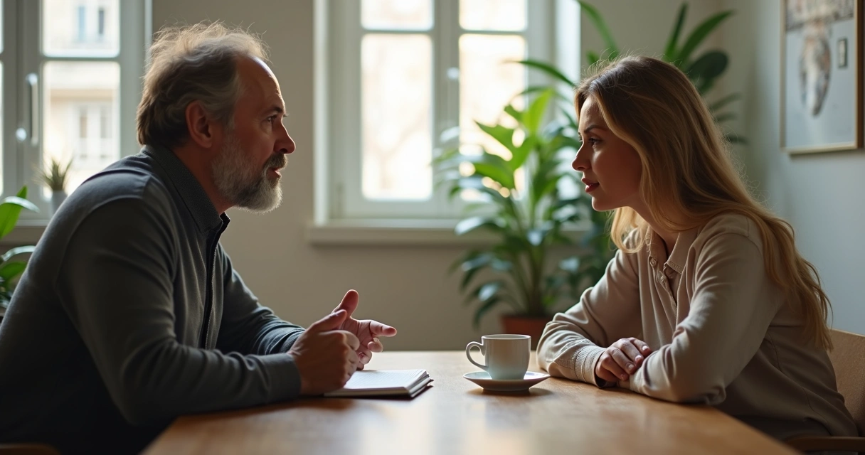 Dos personas conversando en un espacio tranquilo con cuaderno sobre la mesa